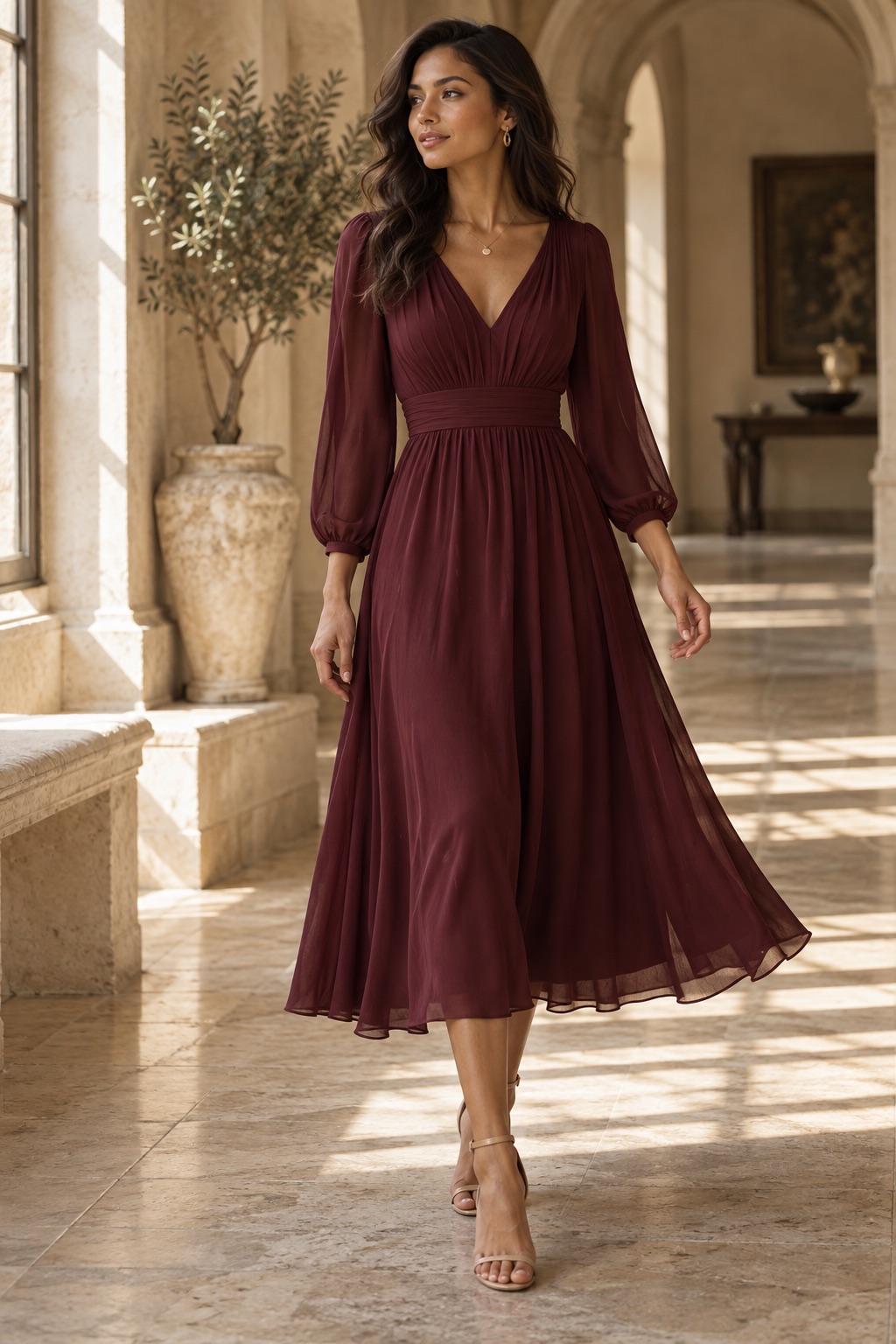 A flowing burgundy dress in an editorial styling illustration.