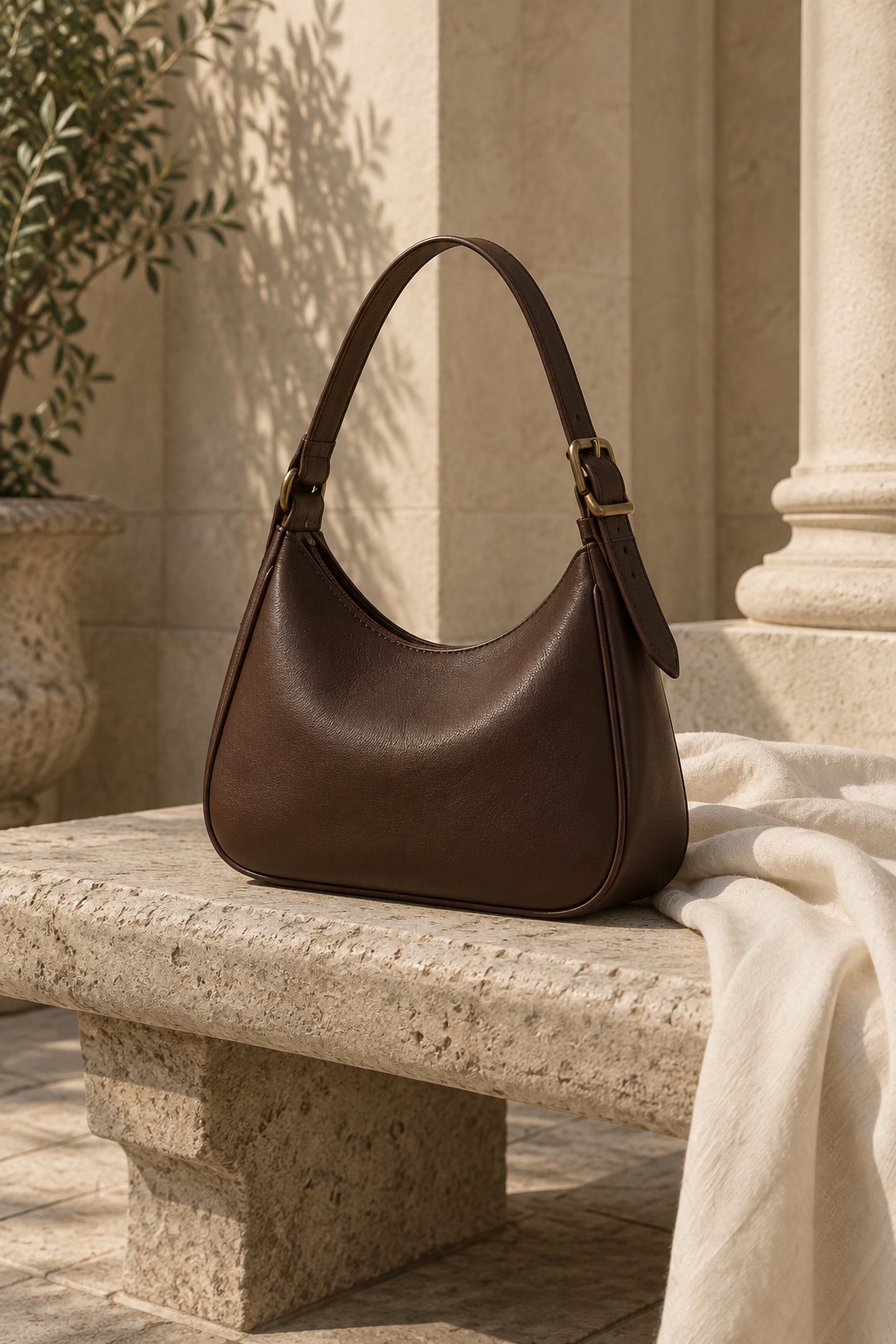A chocolate brown shoulder bag in an editorial still-life illustration.